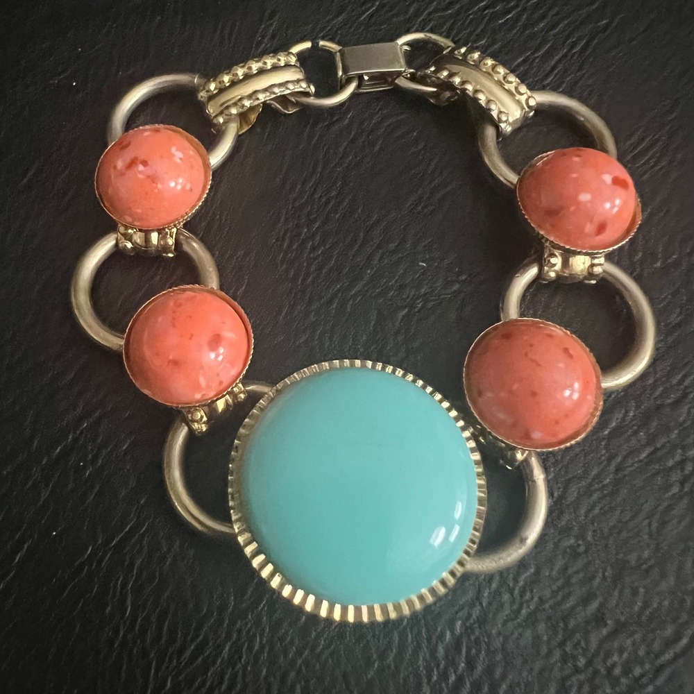 Vintage Gold Tone Faux Turquoise Coral Cabochon Link Bracelet 6.5" Eclectic
